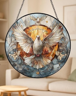 Holy Spirit Dove Stained Glass Suncatcher, Christian Round Window Hanging, Peaceful Spiritual Decor, Dove Ornament, Religious Gift