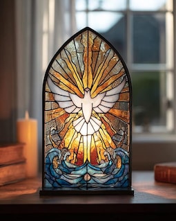 Holy Spirit Dove Suncatcher Candle Holder, Christian Faith Decor, Stained Glass Style Panel, Cross Window Hanging