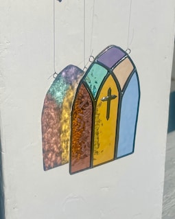 Stained Glass Mini Church / Cathedral Window with Cross Suncatcher - Spring / Easter Decor - Handcrafted