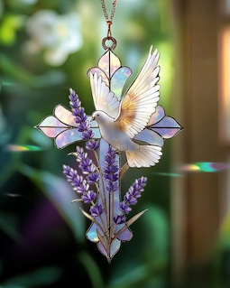 Dove and Lavender Cross Stained Glass Style Suncatcher, Christian Window Hanging Memorial Gift