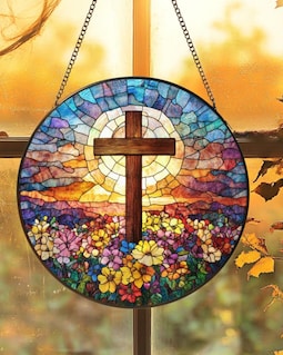 Cross Wildflowers Stained Glass Suncatcher, Christian Glass Window Hanging Decor,Flora Cross Religious Faith Gift,Mother's Day Gifts,Grandma