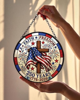 Faith Freedom Stained Glass Suncatcher, American Flag Cross Window Hanging, USA 250 Years Patriotic Christian Decor Gift,4th of July Gift