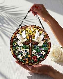 Christian Cross Suncatcher, Dove of Peace Window Hanging, Religious Stained Style Decor, Faith Gift for Christians